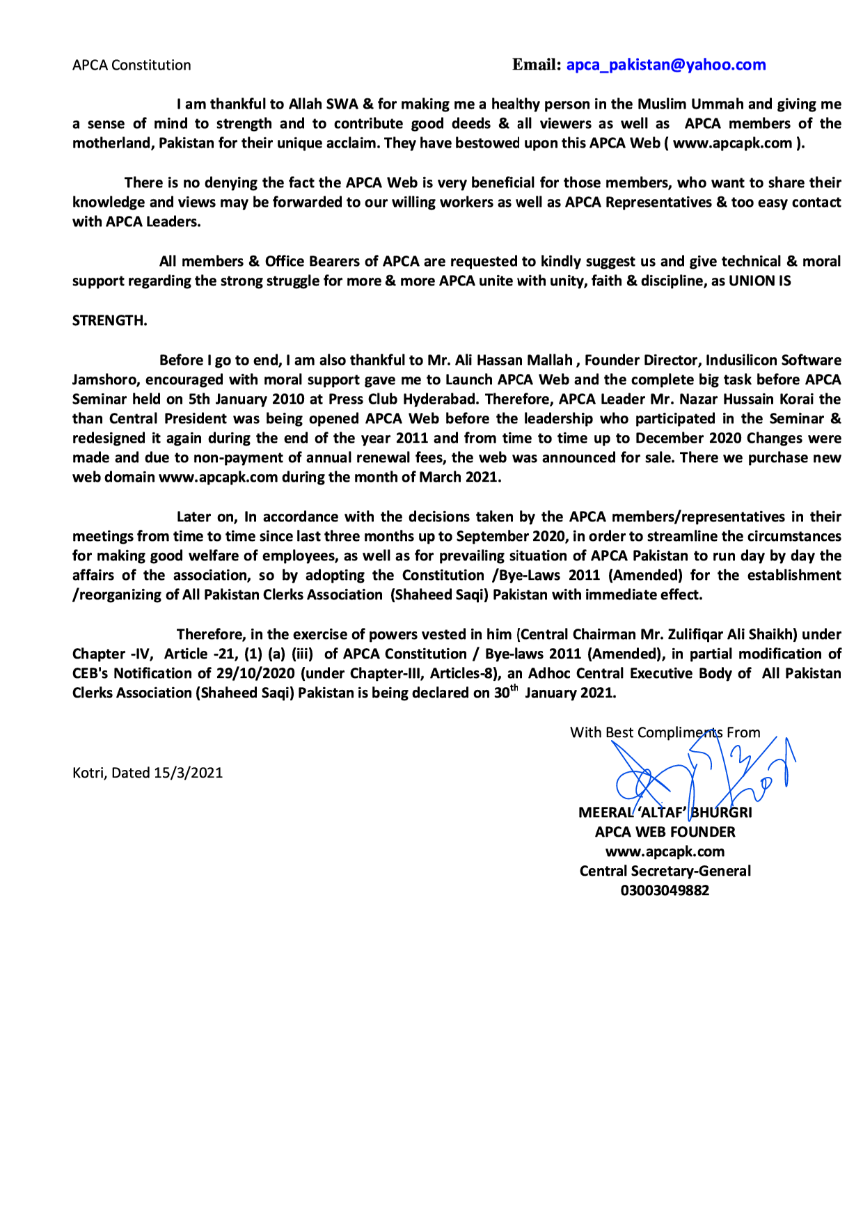 Short Tittle of APCA BYE-LAWS 2011 in English