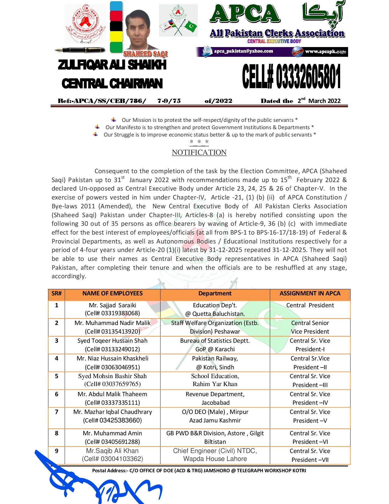 Central Executive Body APCA Pakistan (Shaheed Saqi) Pakistan