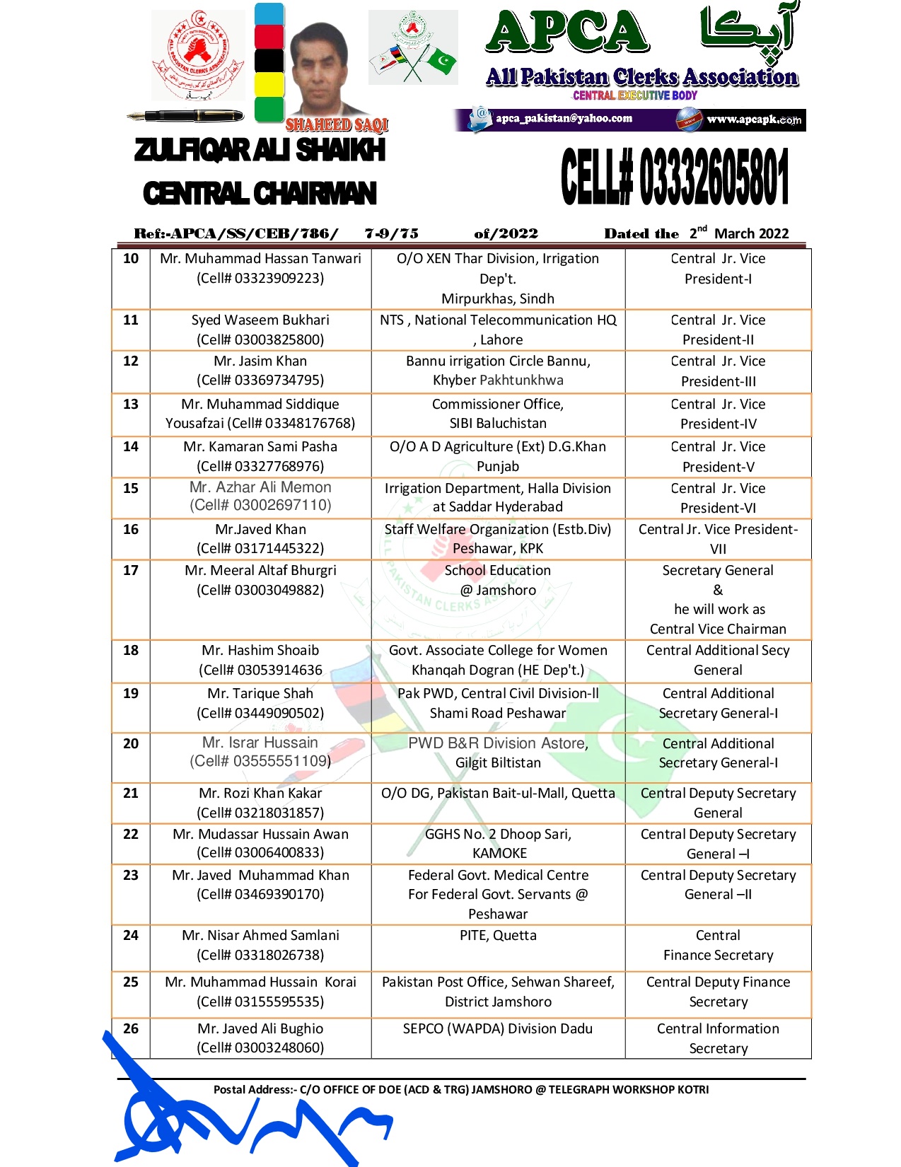 Central Executive Body APCA Pakistan (Shaheed Saqi) Pakistan