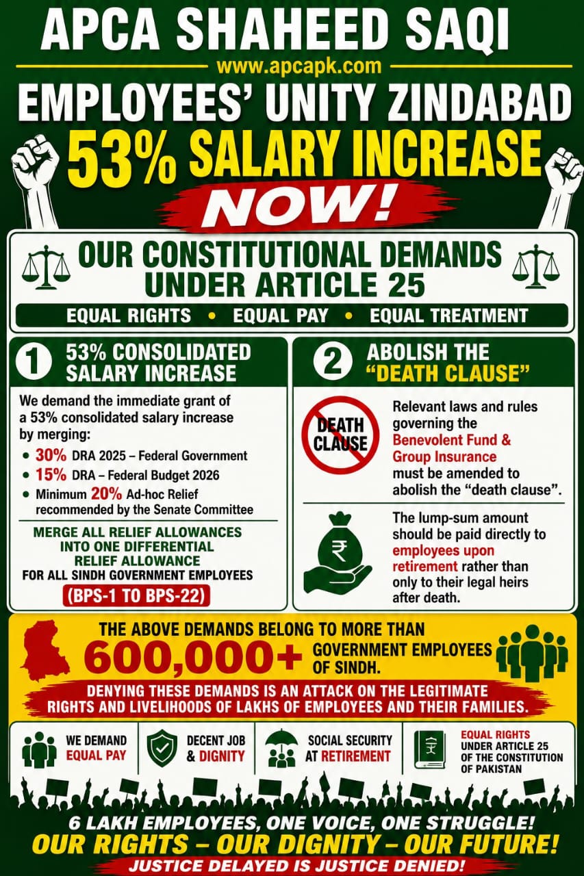 EMPLOYEES UNITY ZINDABAD   53% INCREASE DEMANDED  OUR CONSTITUTIONAL DEMANDS UNDER ARTICLE 25   Equal Citizenship Rights - Constitution of Pakistan