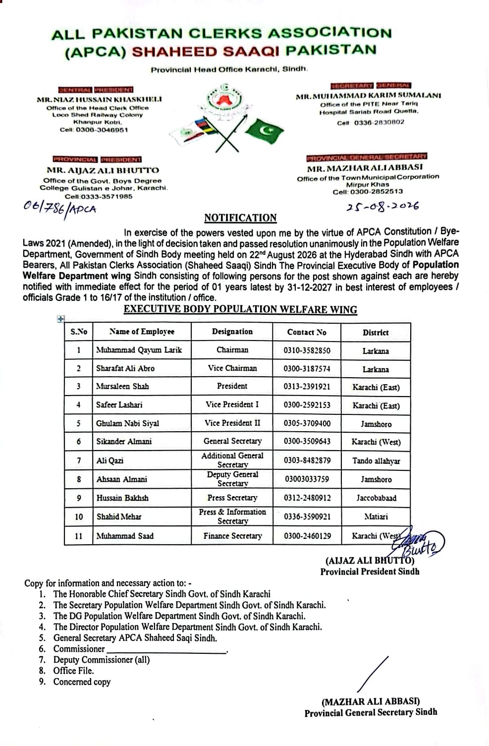 Notification of Wing APCA PAKISTAN (SHAHEED SAQI) PWDS Sindh